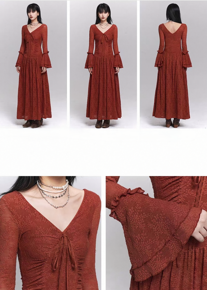 RUCHED LACE FLARE SLEEVE DRESS / LG1482