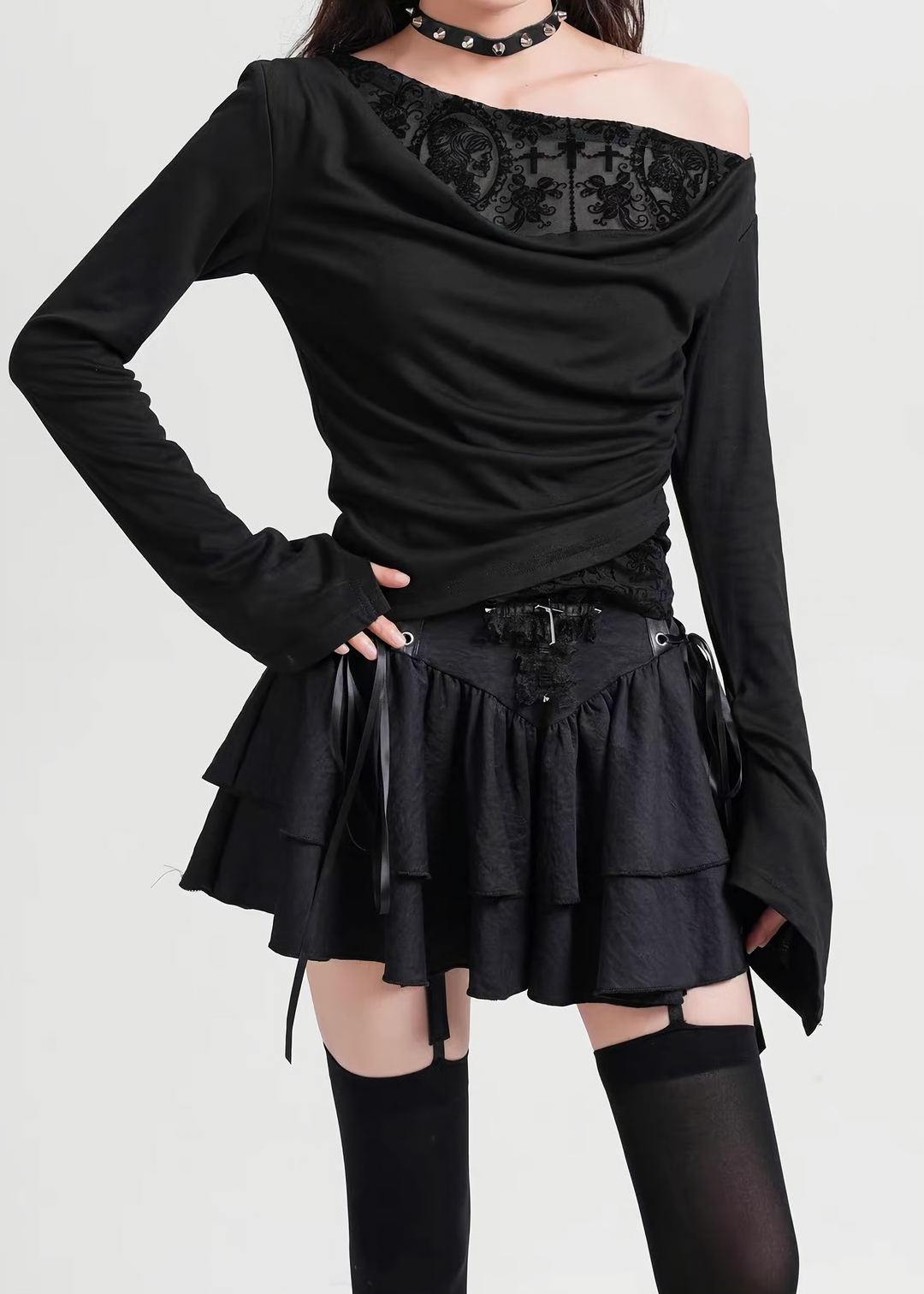 GOTHIC DRAPE ONE SHOULDER LACE TOP / LG1559