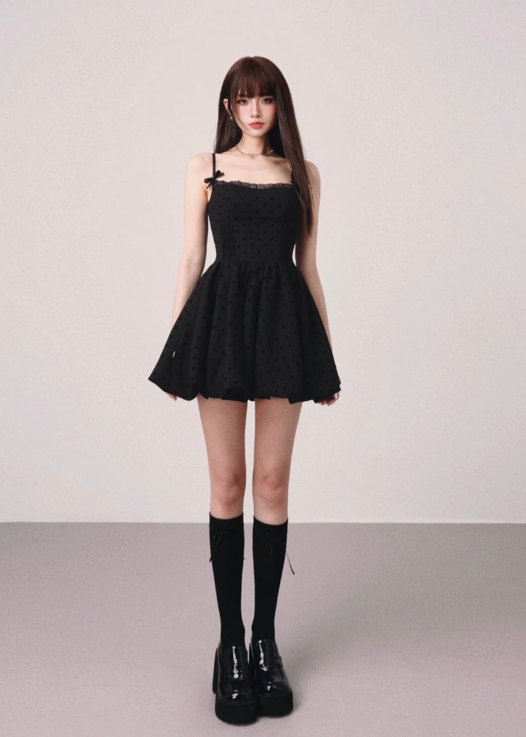 Dot black balloon mini dress / mu1124