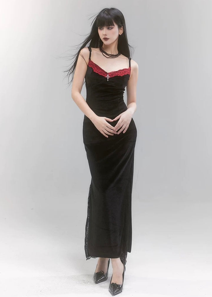 velvet black dress &amp; cropped fur jacket / LG1211