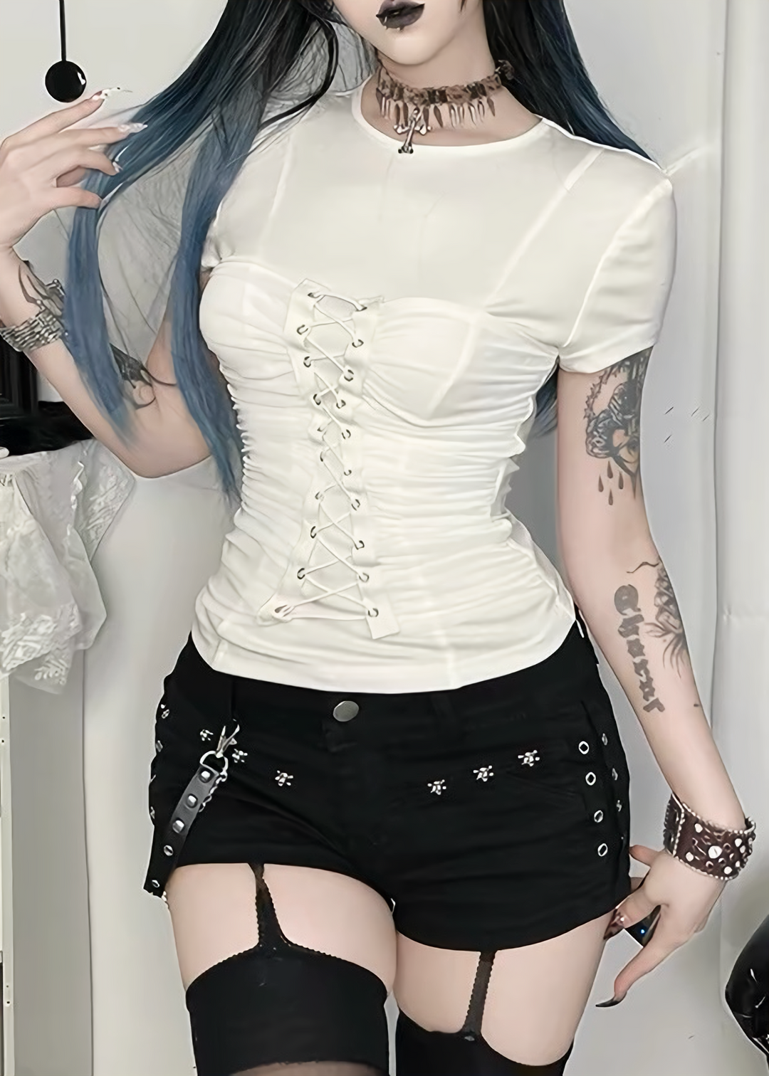 DARK CORSET LACE-UP RUCHED TOP / LG1687