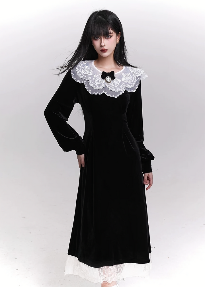 VELVET LACE COLLAR LONG DRESS / LG1471