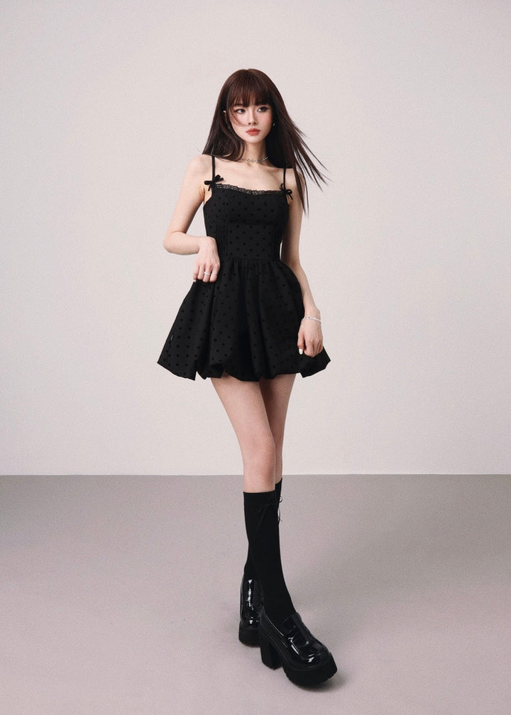 Dot black balloon mini dress / mu1124