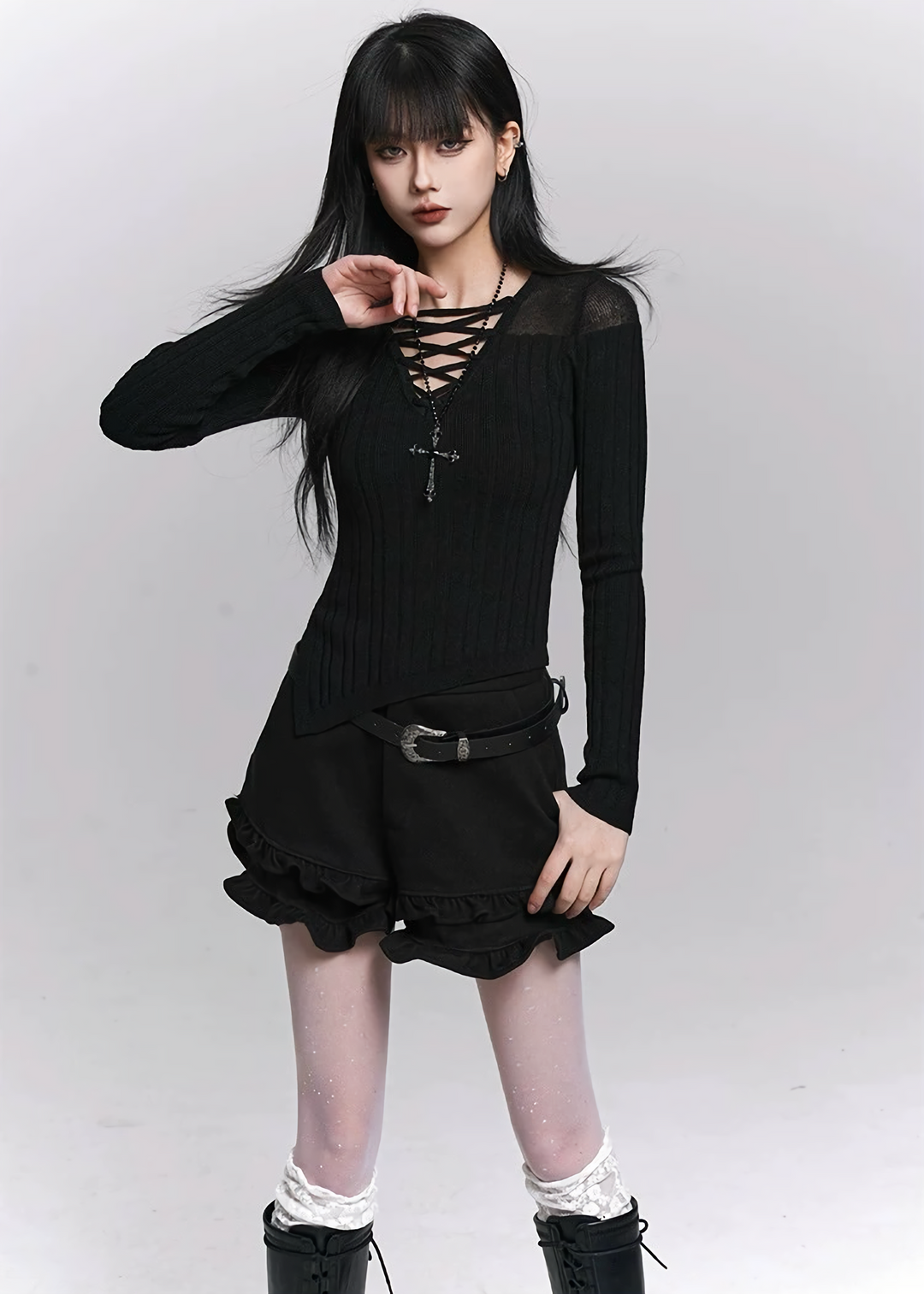 LACE-UP V-NECK KNIT TOP / LG1497