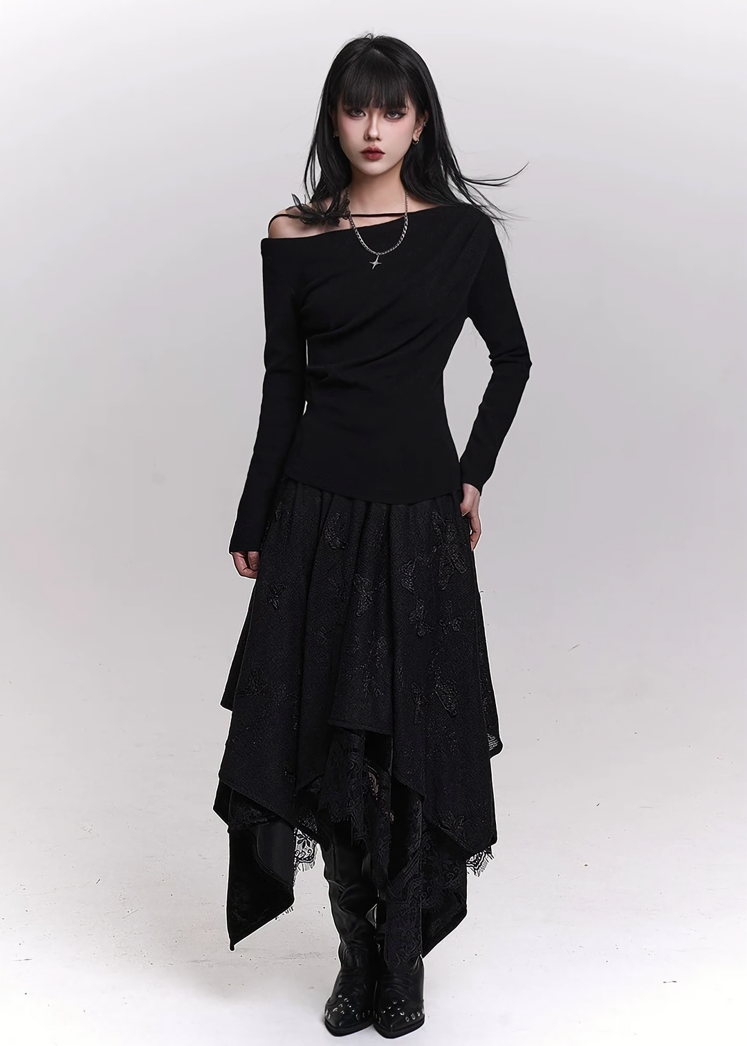 LACE LAYERED ASYMMETRY SKIRT / LG1457