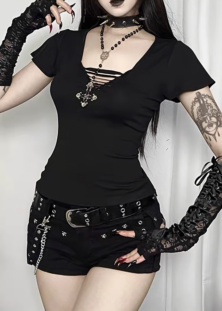 DARK LACE-UP V-NECK TOP / LG1636