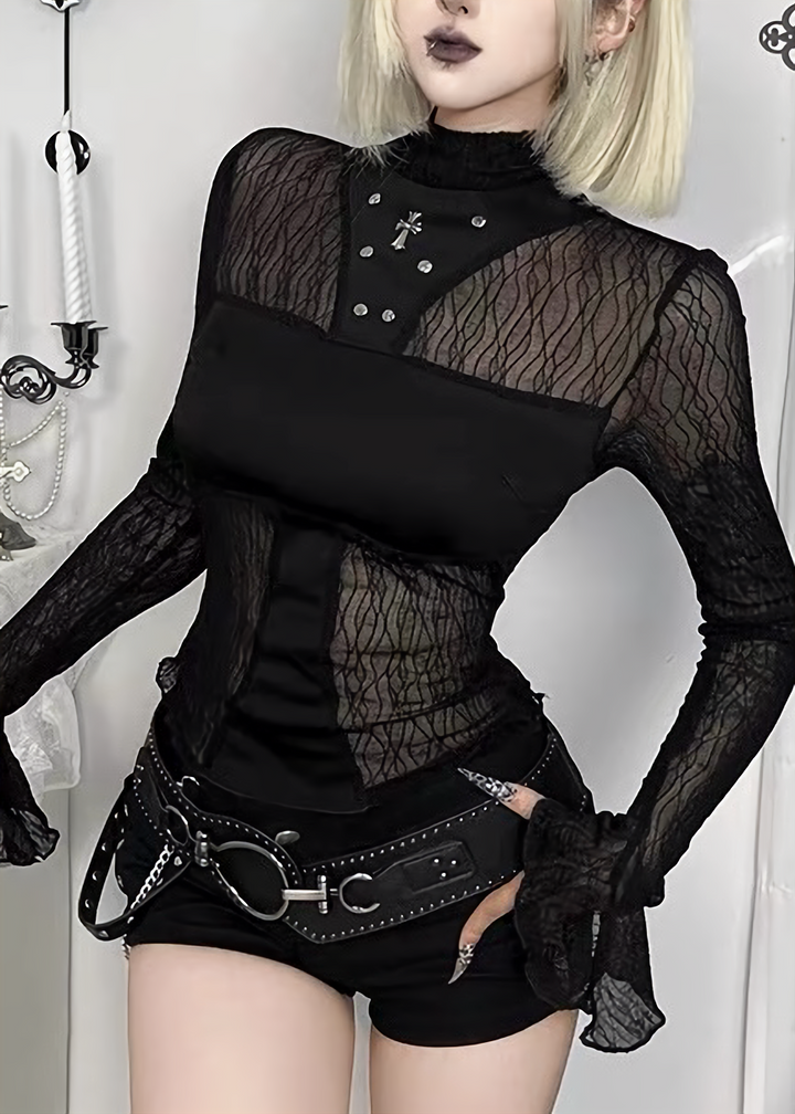GOTHIC SHEER LACE FLARE SLEEVE TOP / LG1671