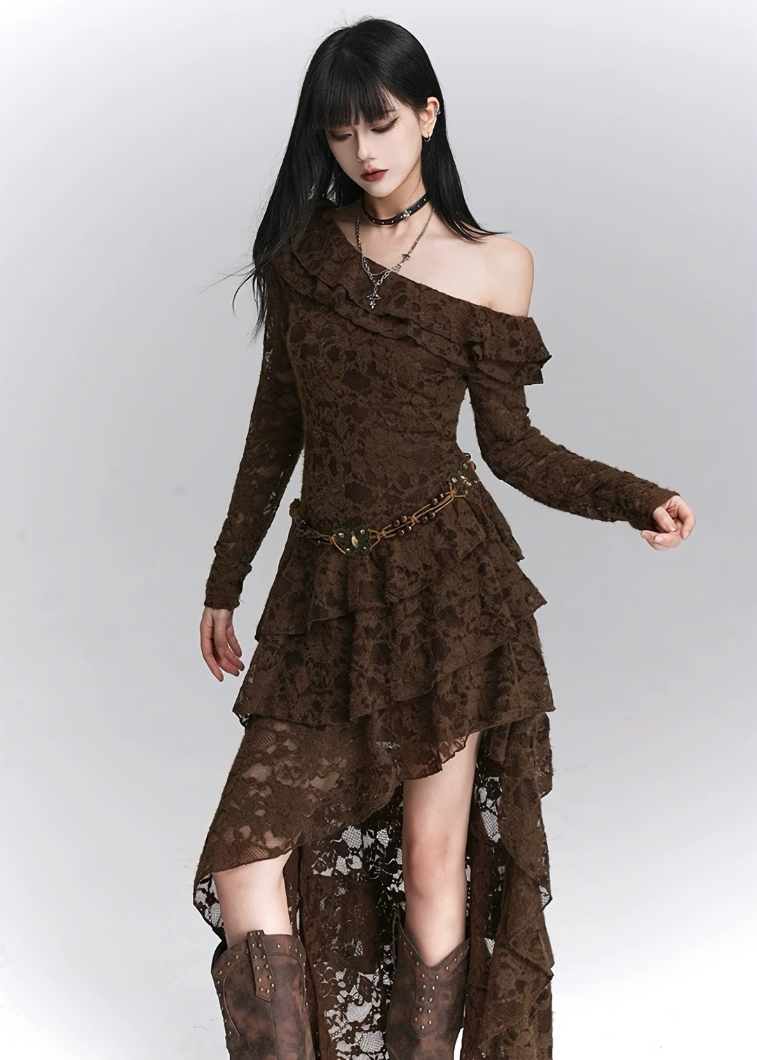 MOCHA LACE ASYMMETRY DRESS / LG1399