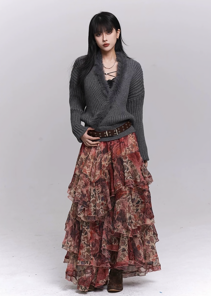 RED FLORAL TIERED LONG SKIRT / LG1501