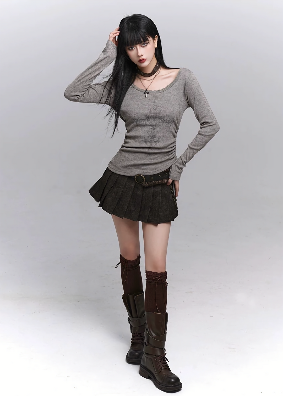 CHAIN BELT PLEATED MINI SKIRT / lg1333