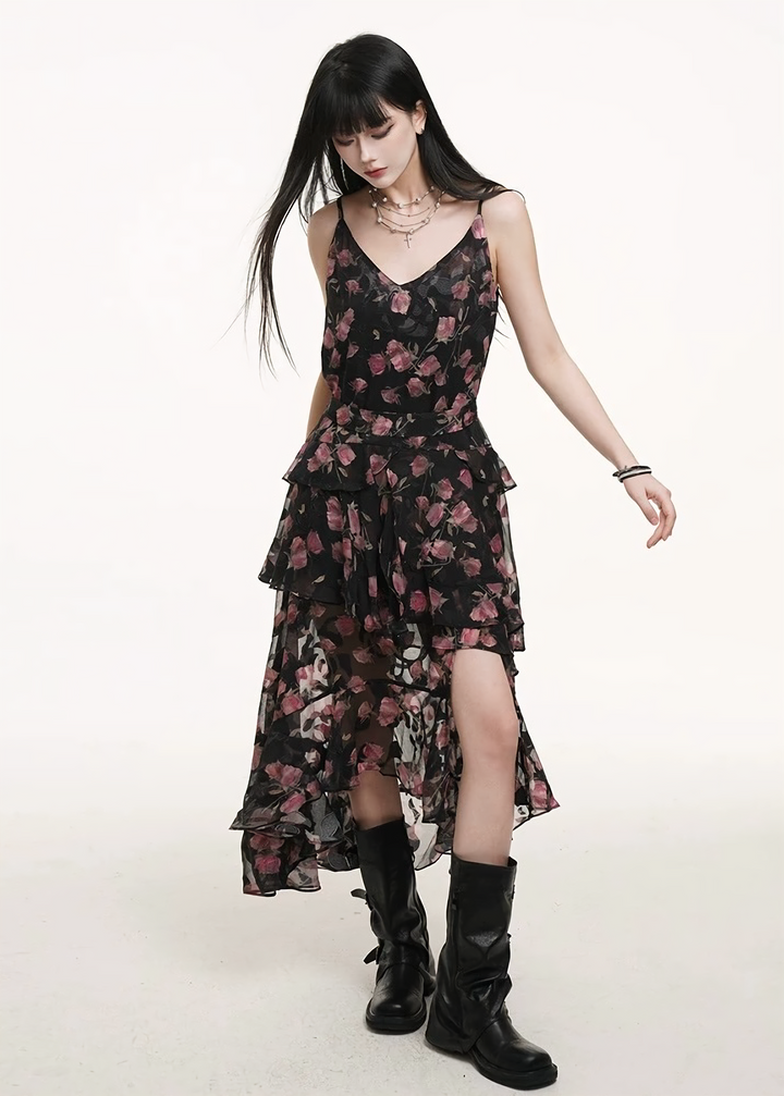 Rose print sheer cami dress / lg1262 