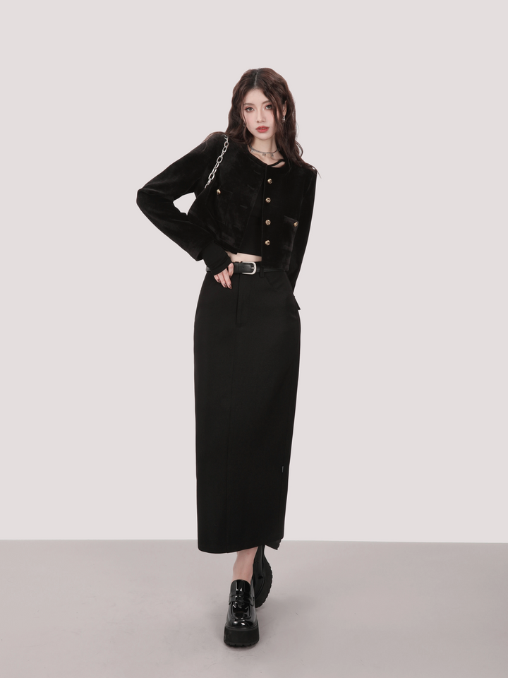 high waist one stop long skirt/mu1107