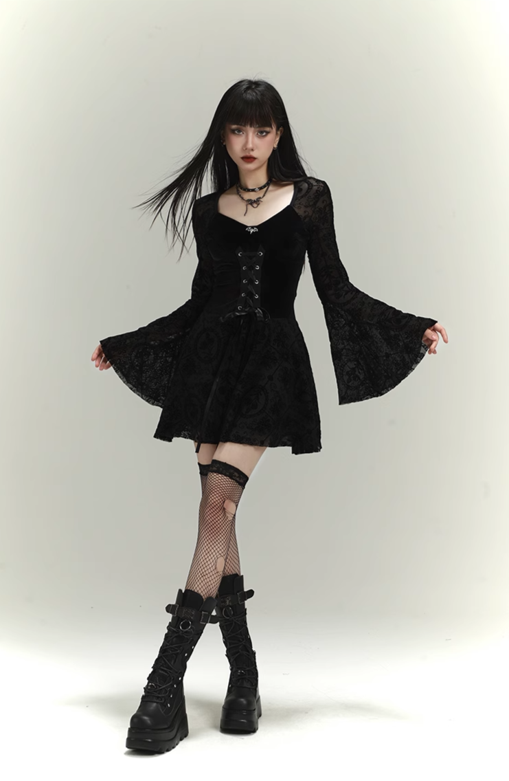 dark black retro velvet dress/lg1130