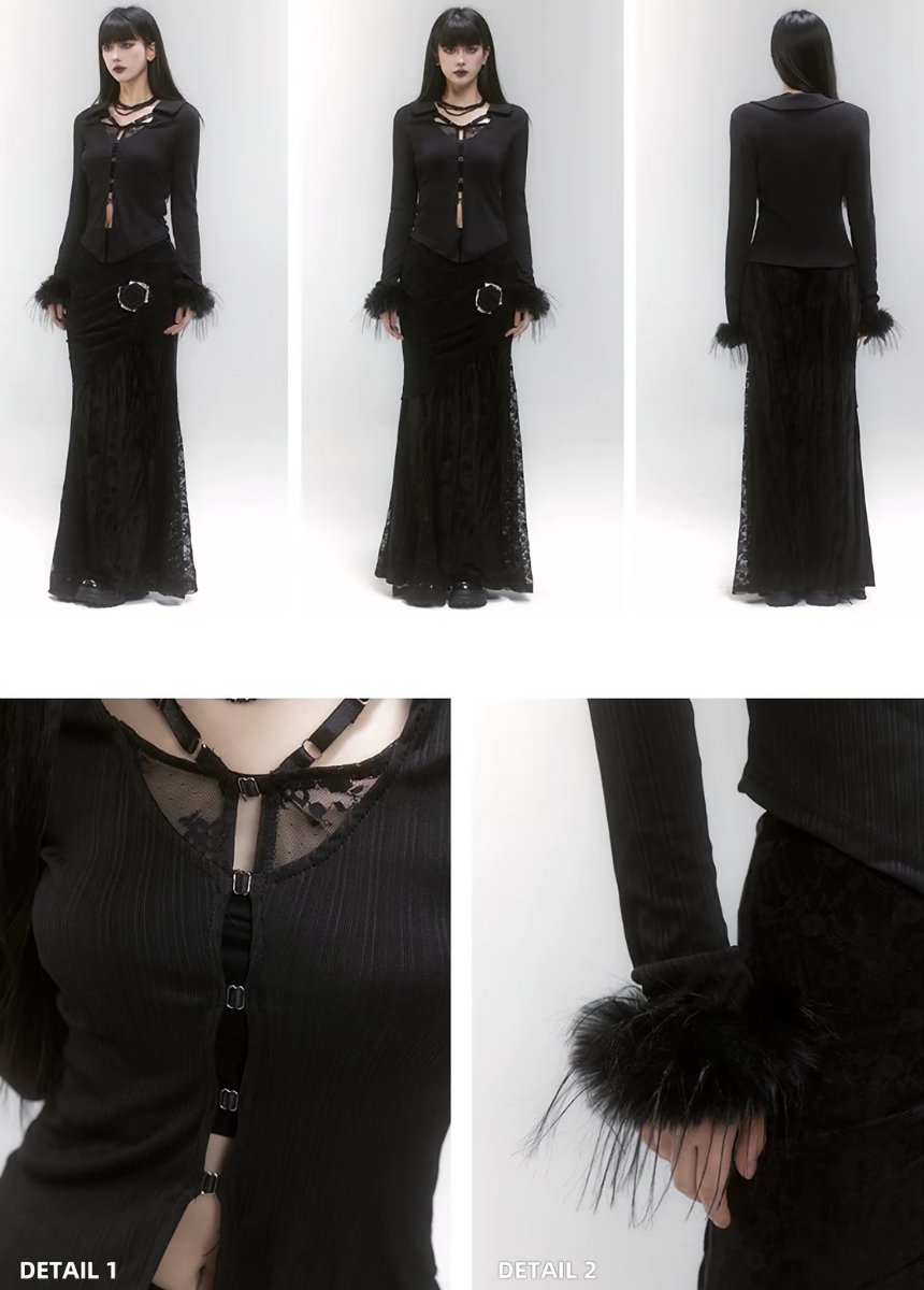 front slit black lace cardigan / LG1198