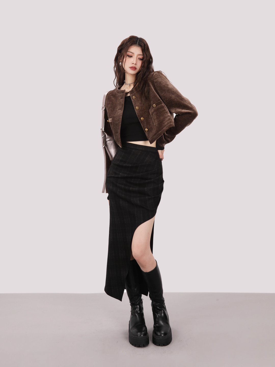 Irregular black check calf length skirt/mu1103