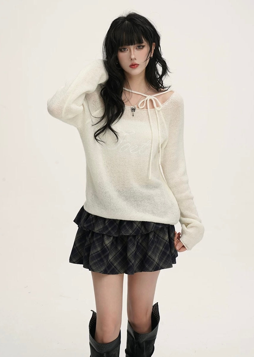 Ribbon Neck Sheer Knit Tops /LG1389