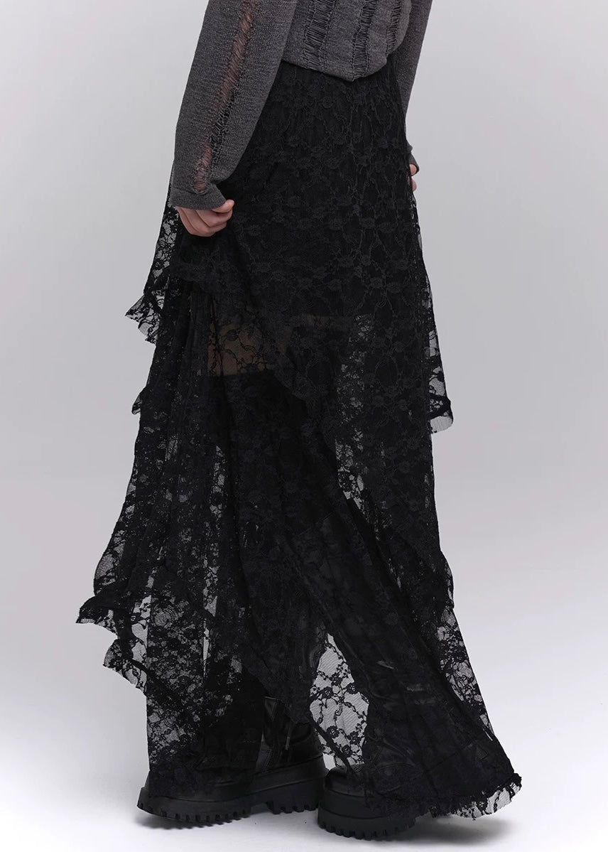 【即日配送】black lace irregular long skirt / LG1199