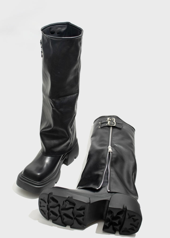 square toe chunky heel biker boots / v1112