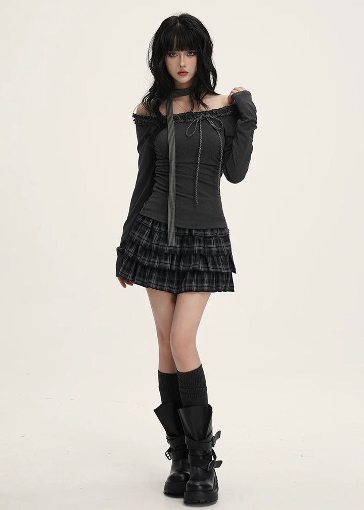 Dark Check Tiered Mini Skirt / lg1375