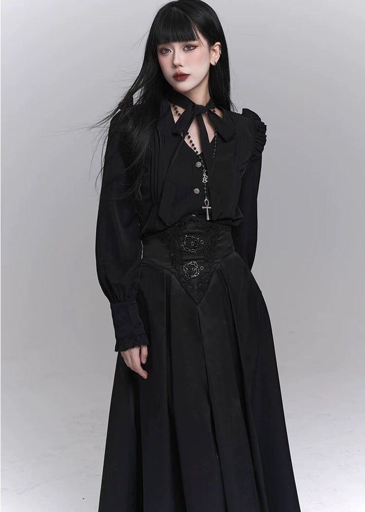 frill blouse &amp; high waist pleated long skirt / LG1224
