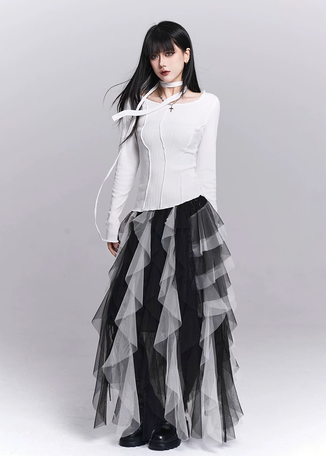 IRREGULAR MESH LAYERED LONG SKIRT / LG1542