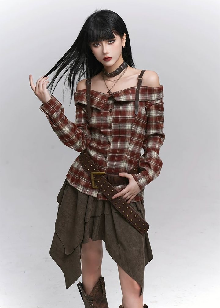 Plaid Off-Shoulder Strap Shirt / lg1366