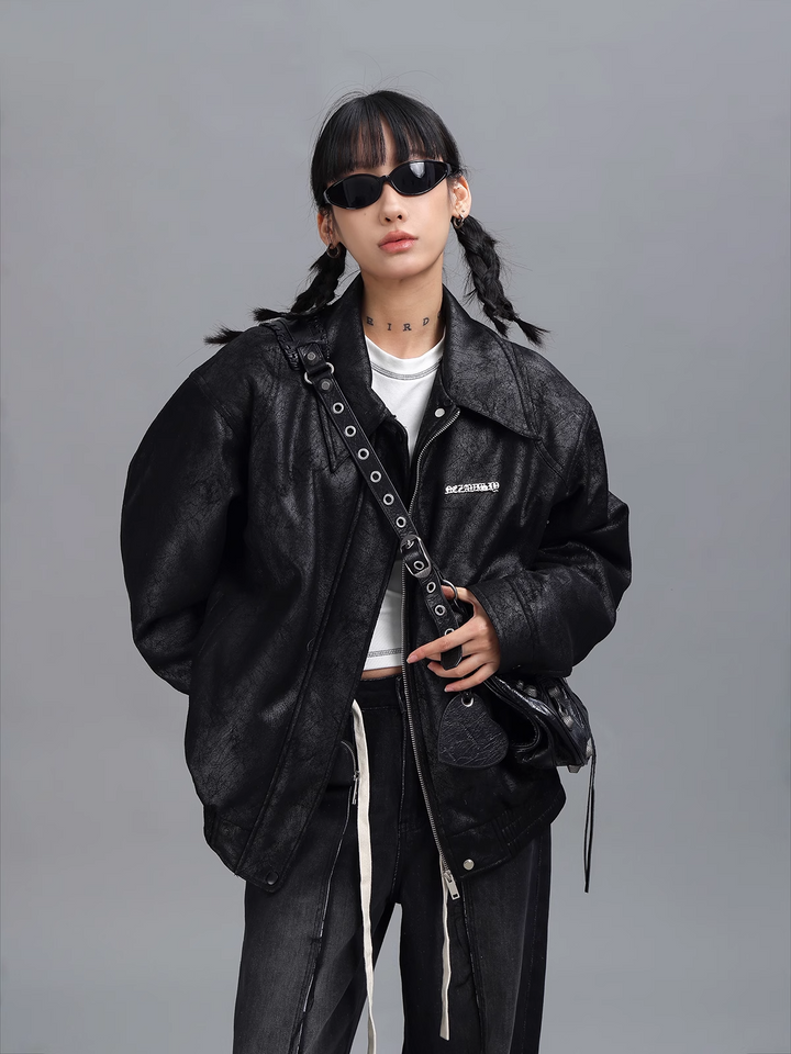 crack black padded short jacket / AS1113