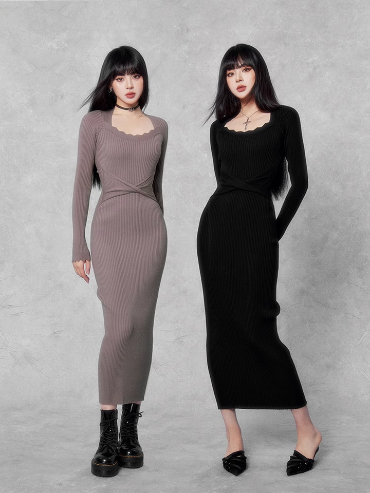 slim rib knit dress/vo1110