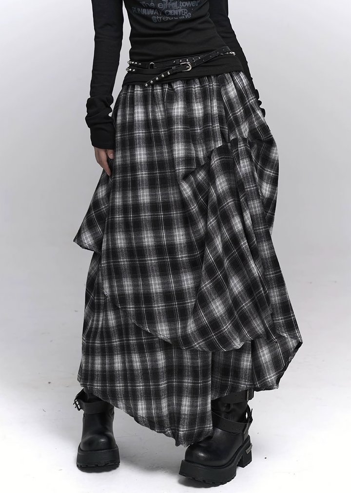 Asymmetry Check Maxi Skirt / lg1371