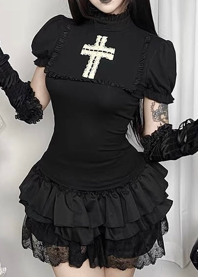 GOTHIC LACE CROSS FRILL TOP / LG1660