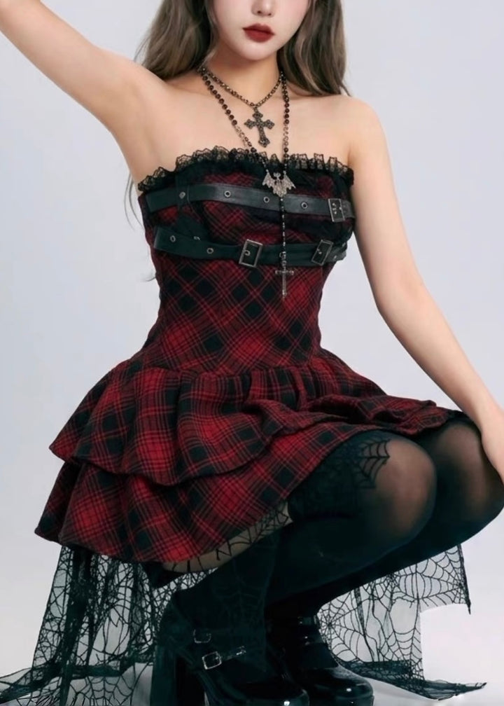 GOTHIC PLAID BUCKLE ASYMMETRIC MINI ONEPIECE / LG1686