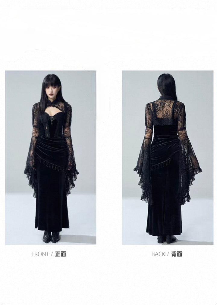 VELVET LACE DRAPE DRESS / LACE BELL SLEEVE BOLERO / LG1731