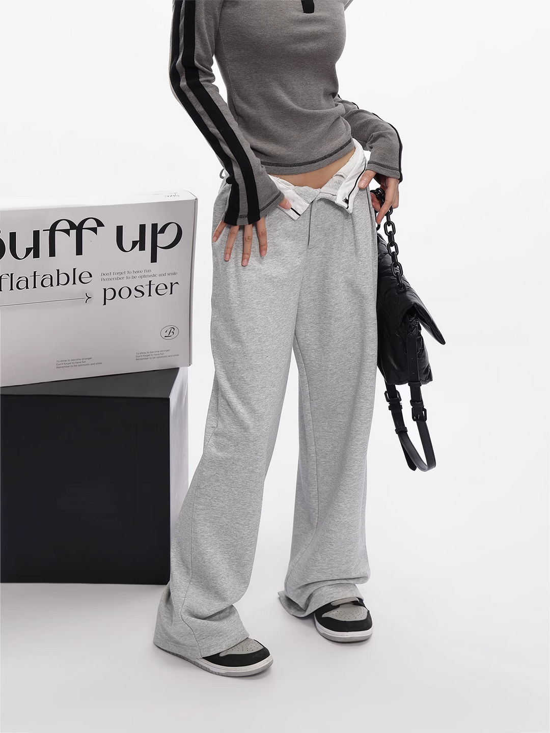 Slim fit double bar stripe long t-shirt/as1109 & flip waist straight sweatpants/as1107 set