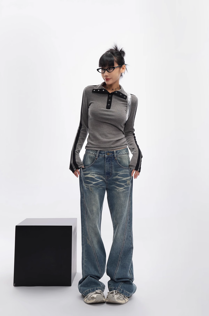 Slim fit double bar stripe long t-shirt/as1109 & loose wash micro flare jeans/as1110 set