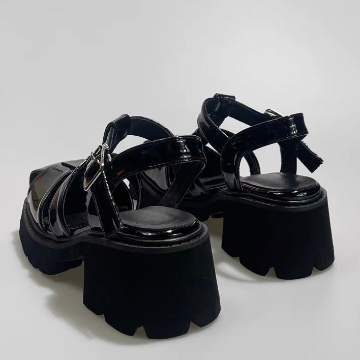 DARK Patent Strap Chunky Heel Sandals / V1181