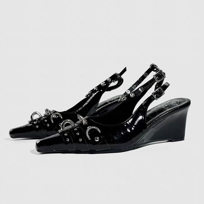 DARK STUDDED WEDGE SANDALS / V1175