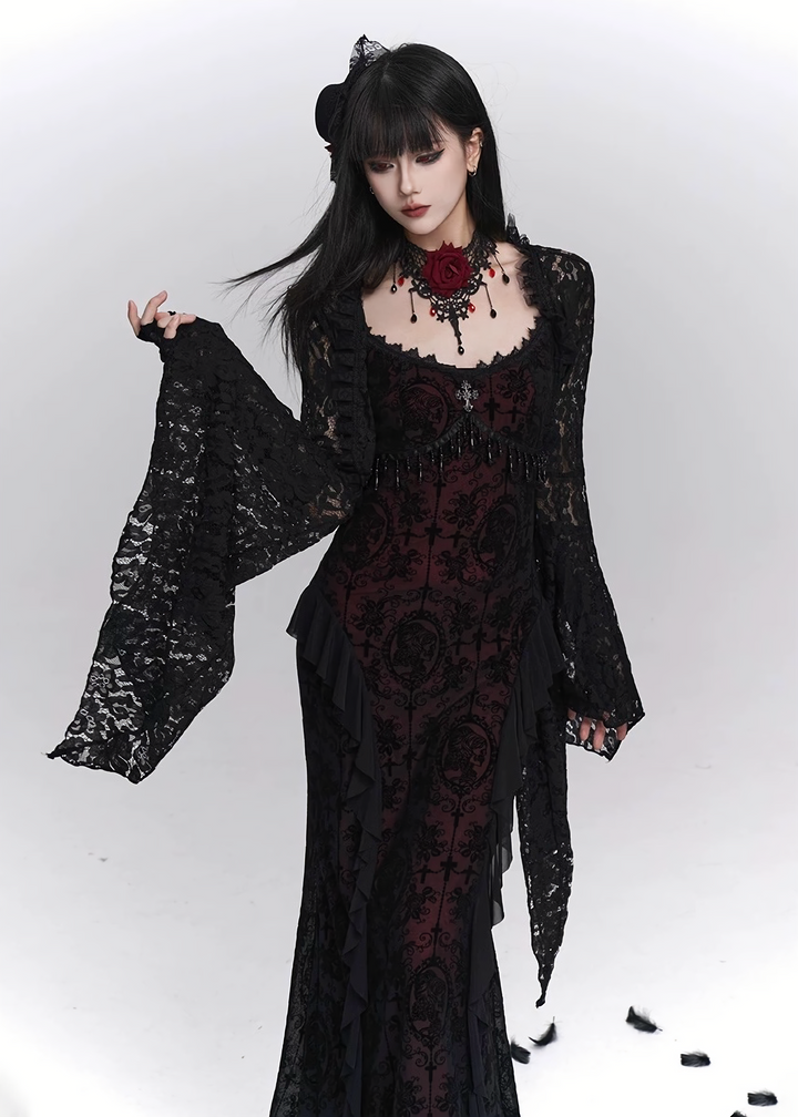 Dark rose long dress &amp;amp; Enchant lace cardigan / LG1401