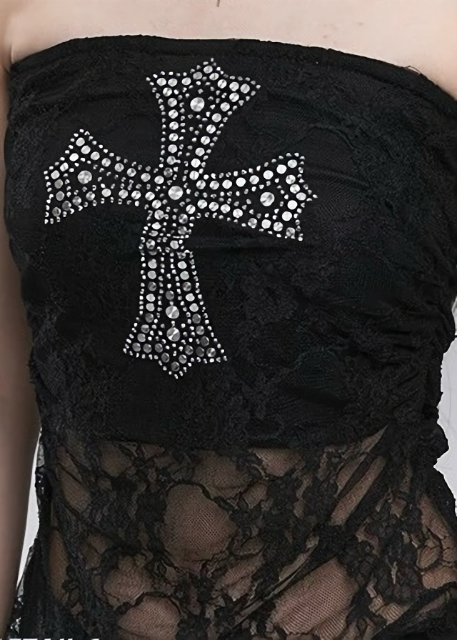 Sequin Cross Lace Tube Top / LG1280