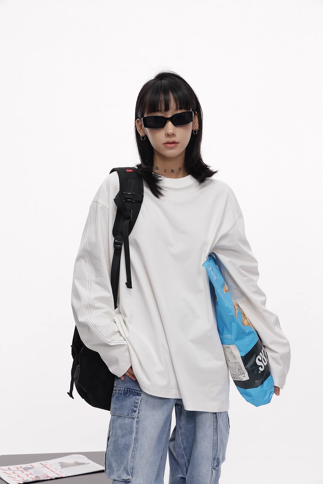 White line loose long sleeve T-shirt / AS1112