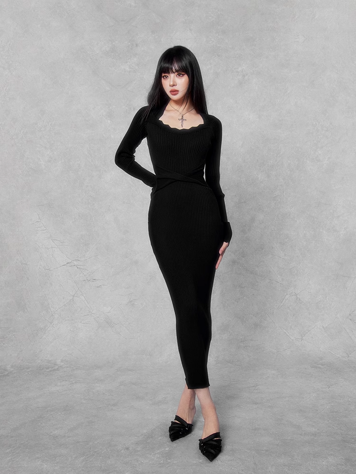 slim rib knit dress/vo1110