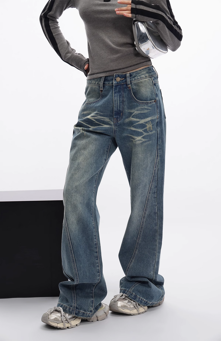 loose wash micro flare jeans/as1110