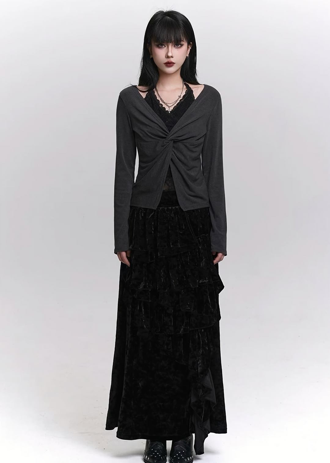 VELVET CASCADE RUFFLE MAXI SKIRT / LG1479