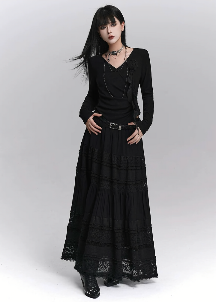 LACE TIERED LONG SKIRT / LG1412_e4r