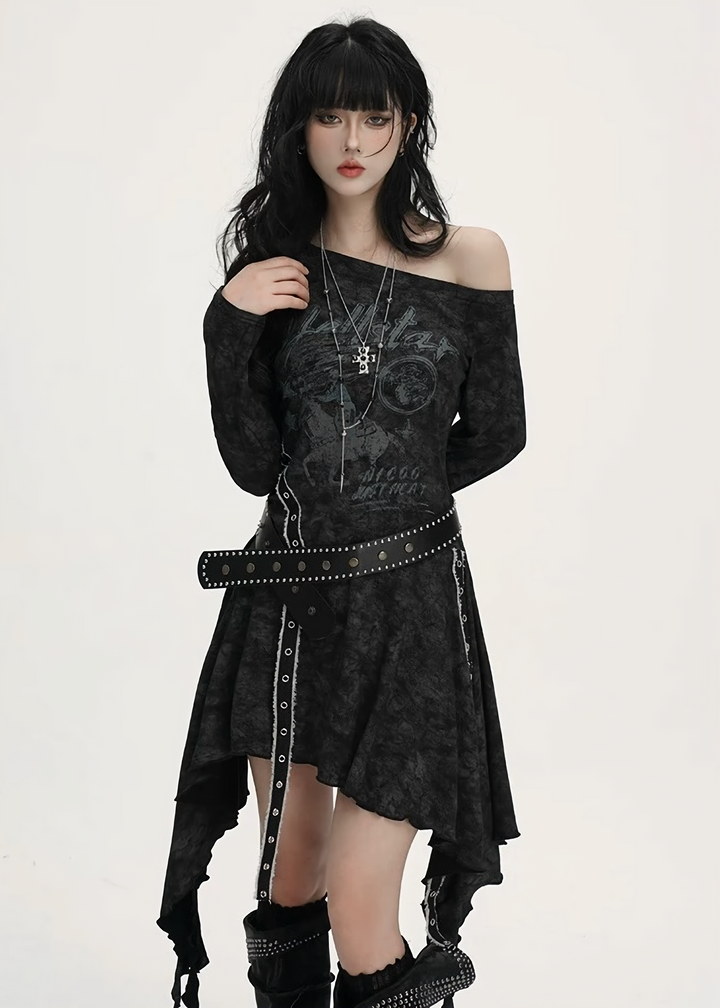 ACID WASH ASYMMETRIC BELTED DRESS / lg1363_e4r