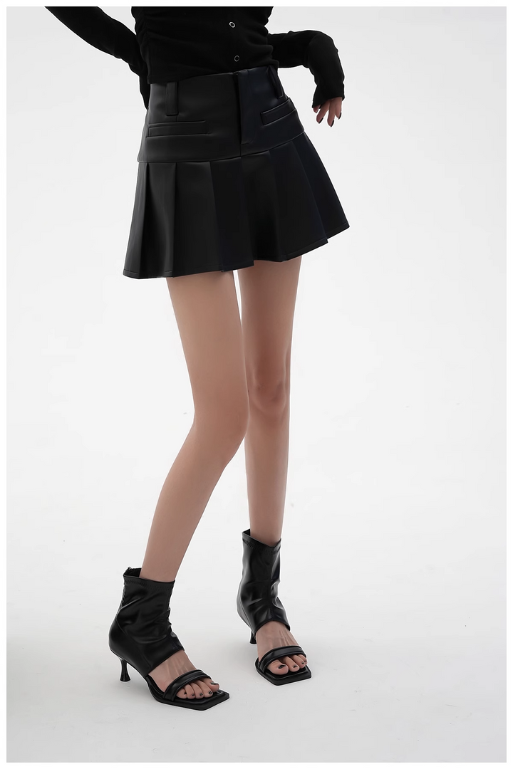 pu leather pleated skirt/sr1103