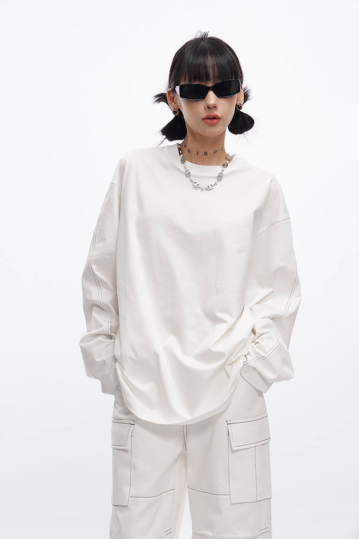 White line loose long sleeve T-shirt / AS1112