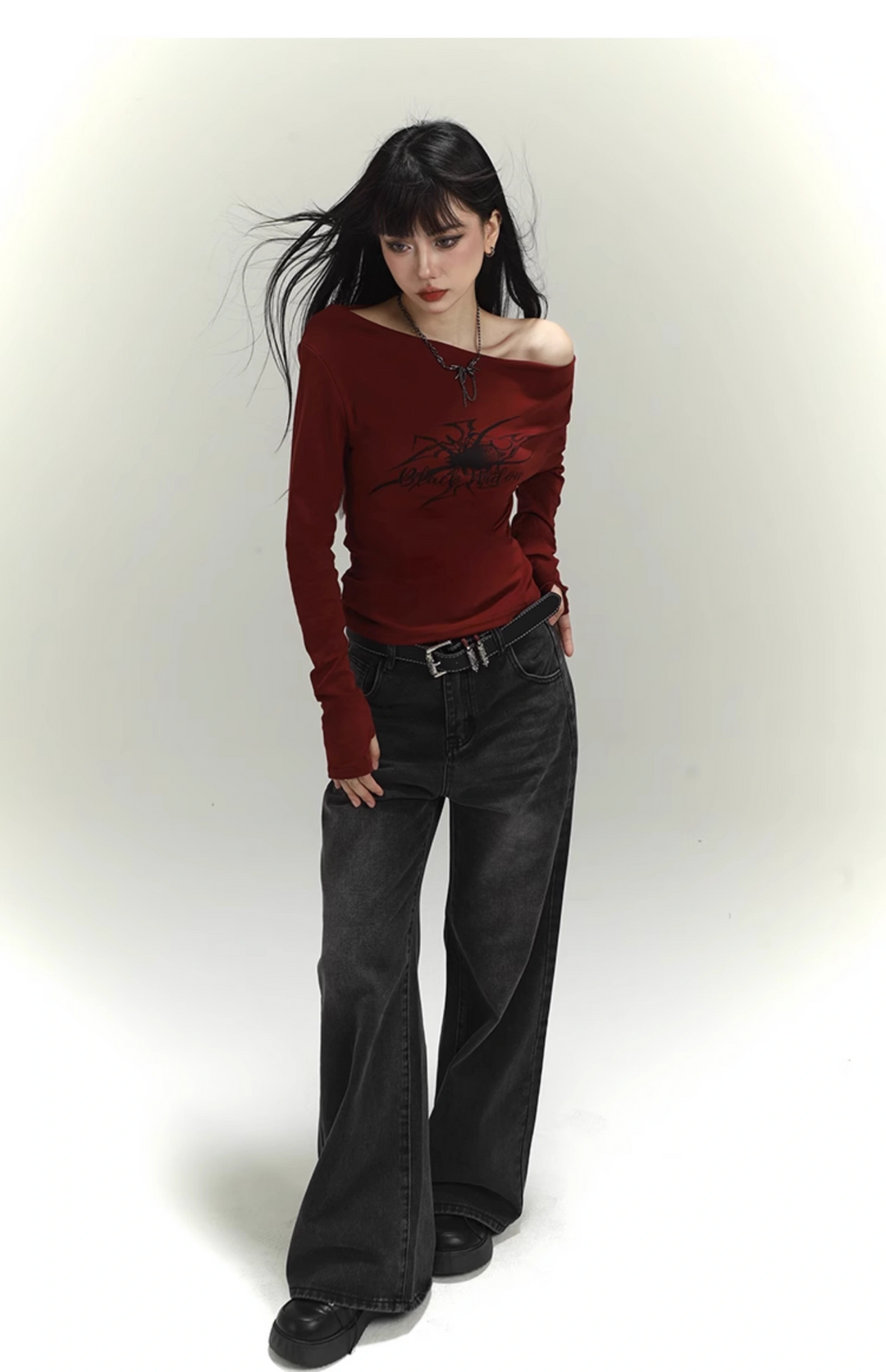 one shoulder long t-shirt/lg1106 &amp;retro wide leg jeans/lg1109 set