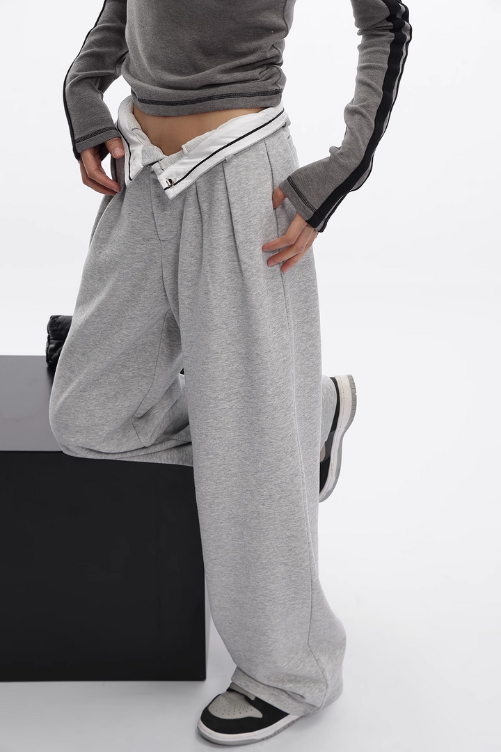 Slim fit double bar stripe long t-shirt/as1109 & flip waist straight sweatpants/as1107 set