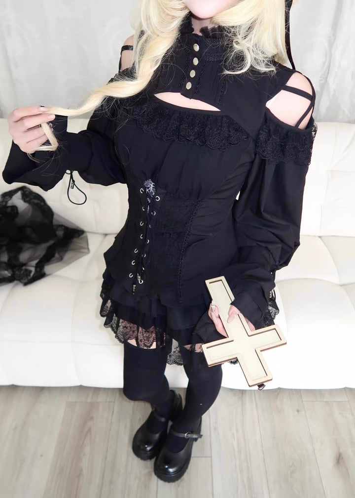 GOTHIC CORSET LACE-UP COLD SHOULDER TOP / LG1674