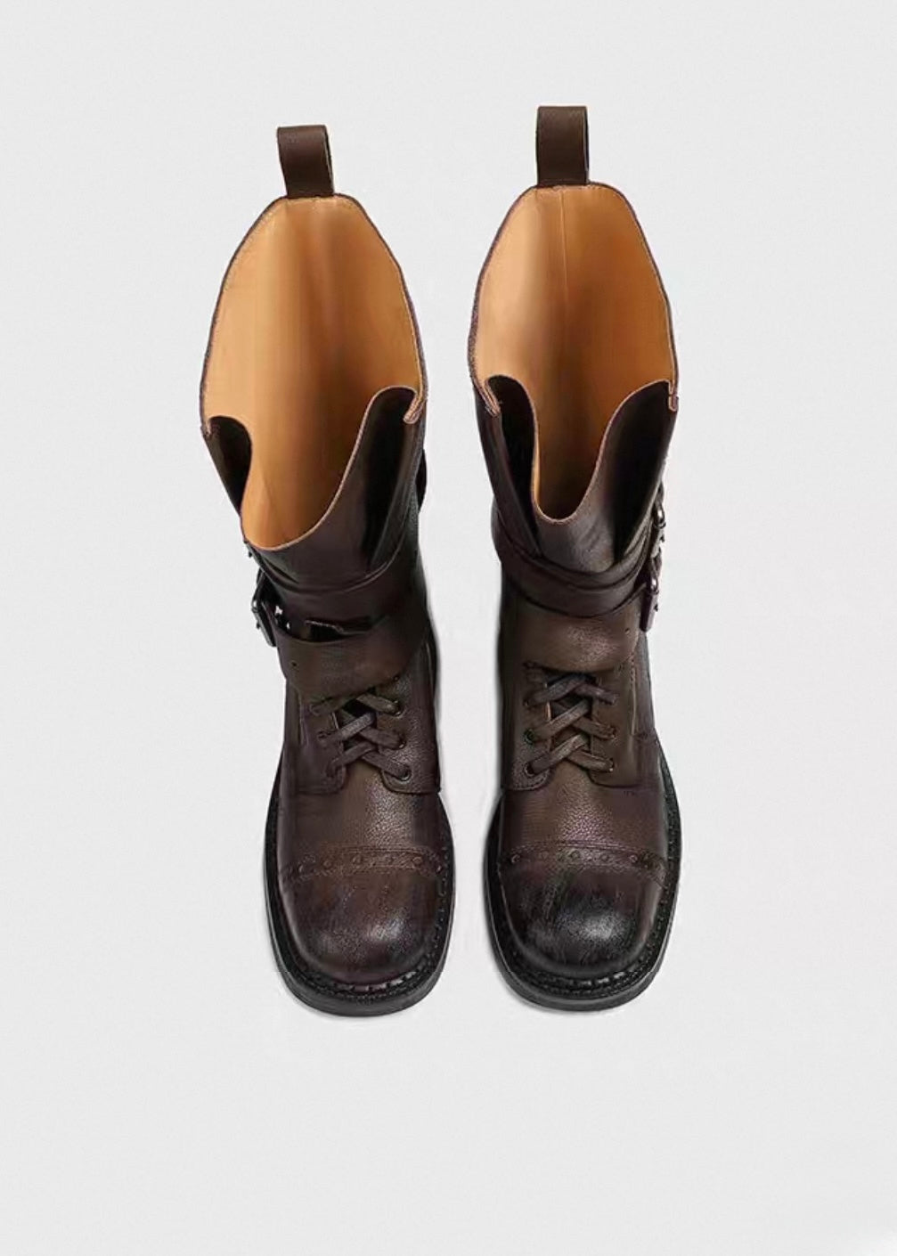 Double belt high-top lace-up boots / v1152